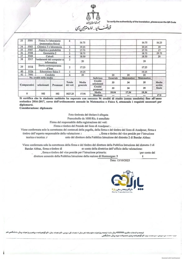 نمونه مدرک ترجمه رسمی به زبان ایتالیایی